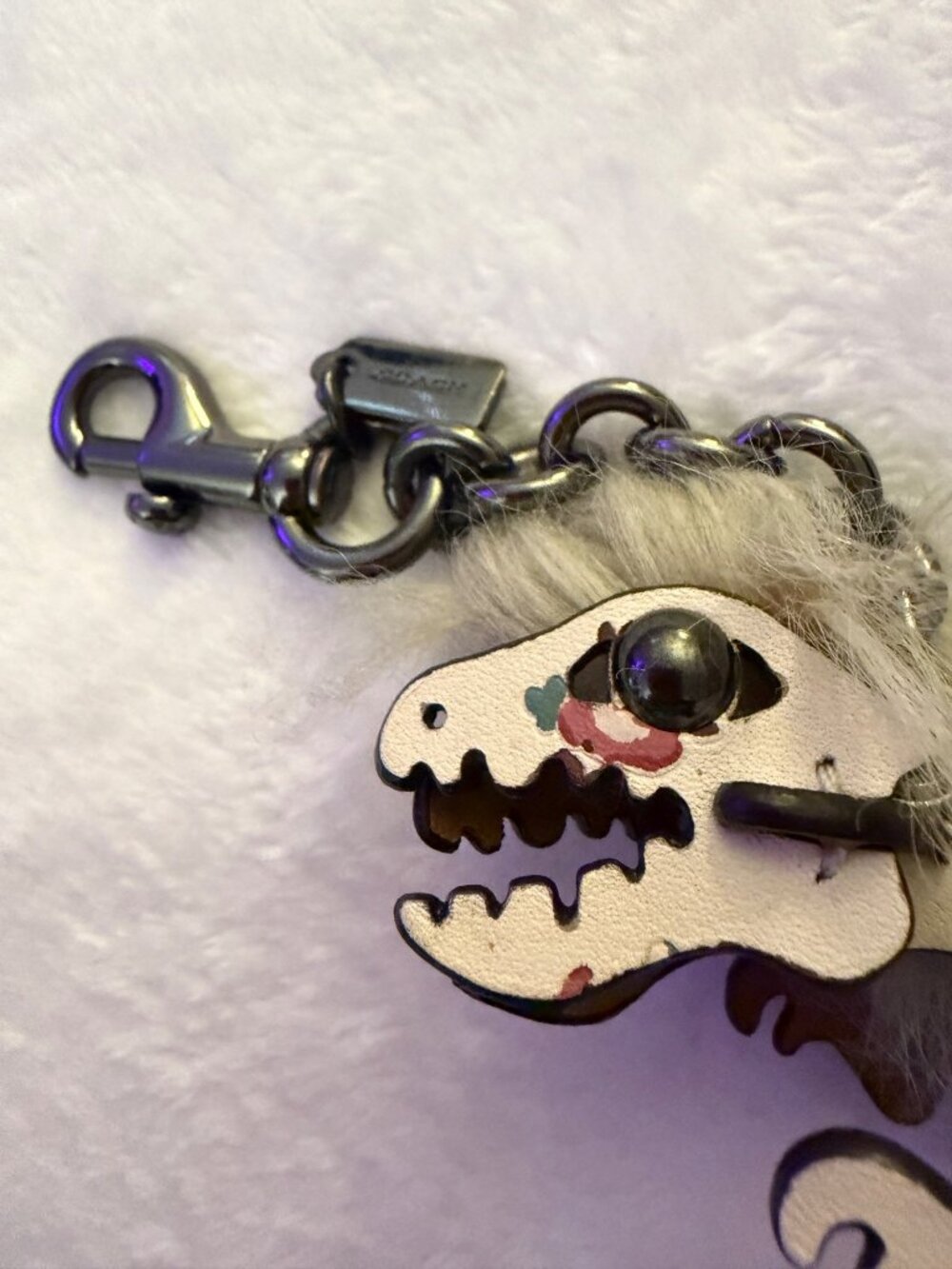 Coach RARE Rexy Dinosaur Leather Keychain With Floral Print & Faux Fur MOHAWK Ha - Picture 3 of 6